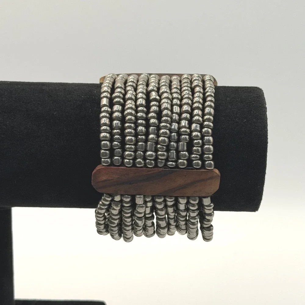 Silver Tone Multi Strand Beaded Wood Stretch Bracelet Boho Artisan Festival